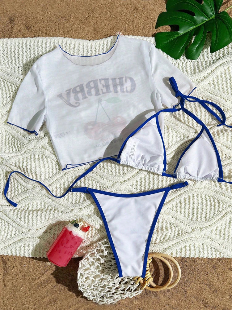 Cherry Print 3-Piece Halter Bikini Set With Cover-Up