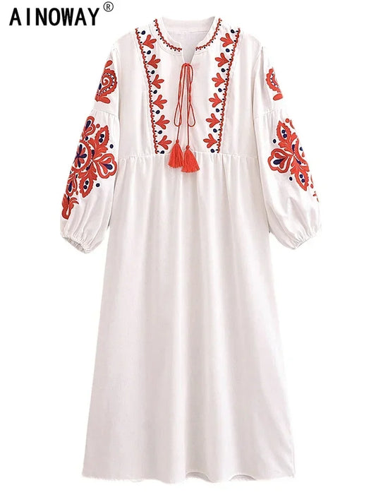 Vestido Maxi Boho Mujer Flores Bordadas Manga Globo