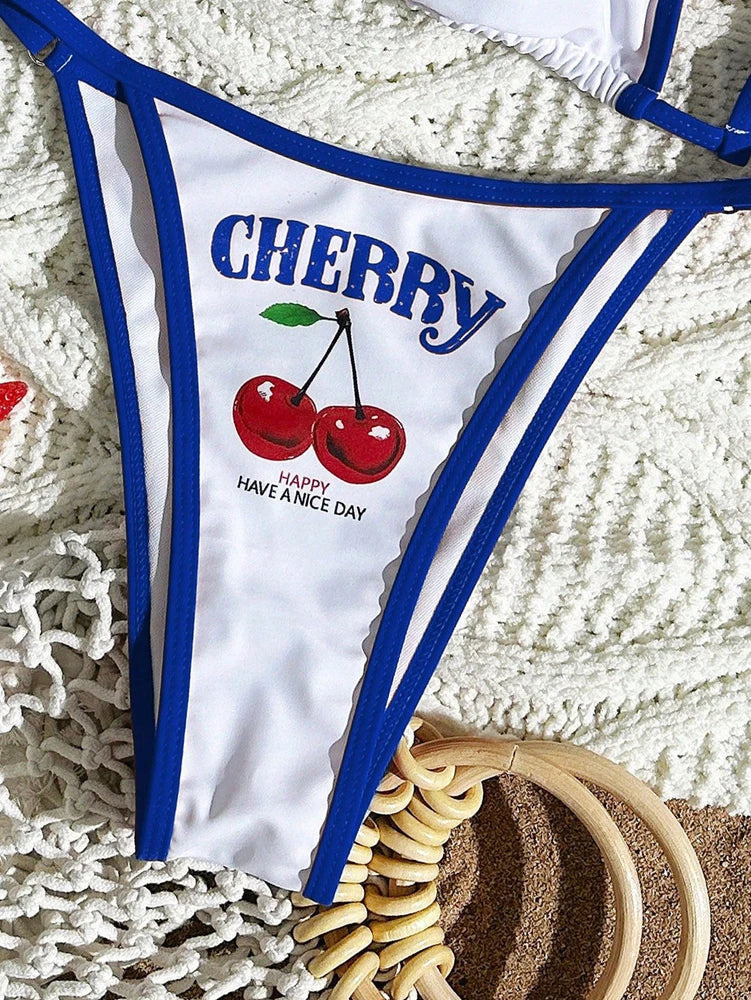 Cherry Print 3-Piece Halter Bikini Set With Cover-Up