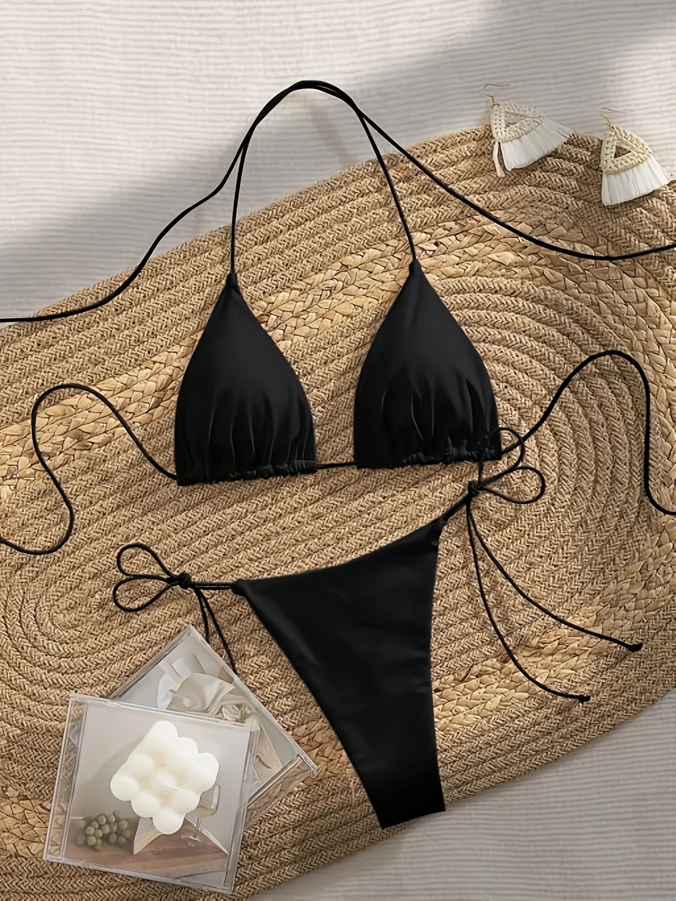 Triangle Halter Bikini Set With Tie Side Thong Bottoms
