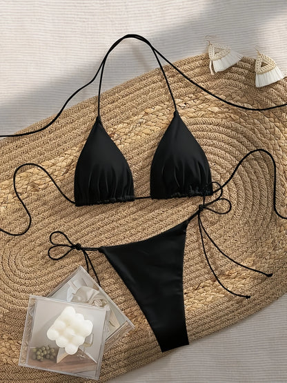 Triangle Halter Bikini Set With Tie Side Thong Bottoms