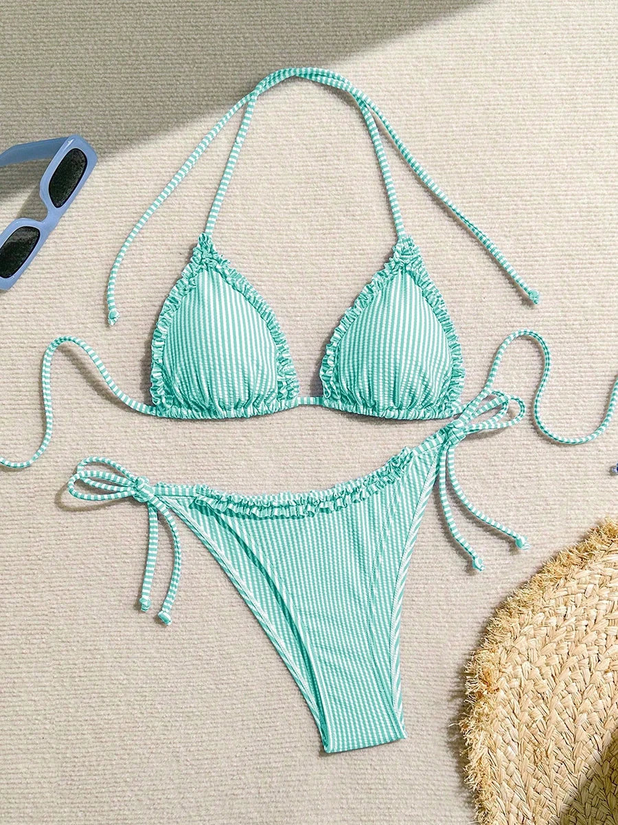 Bikini De Rayas Para Mujer Con Volantes De Cintura Baja