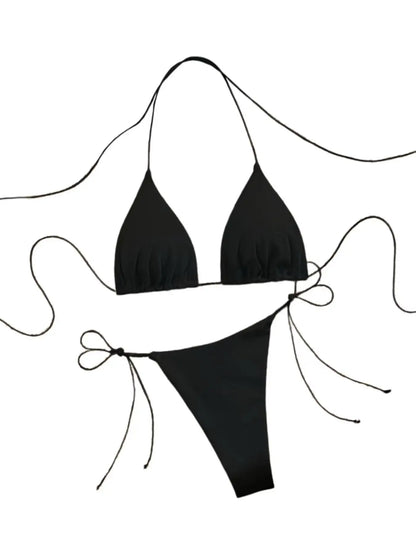 Triangle Halter Bikini Set With Tie Side Thong Bottoms