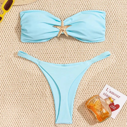 Bandeau Bikini Set With Starfish Applique Thong Bottom