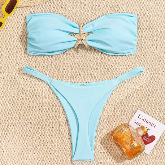 Bandeau Bikini Set With Starfish Applique Thong Bottom