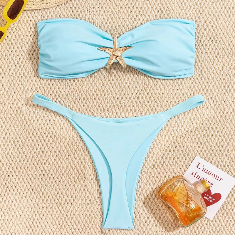 Bandeau Bikini Set With Starfish Applique Thong Bottom