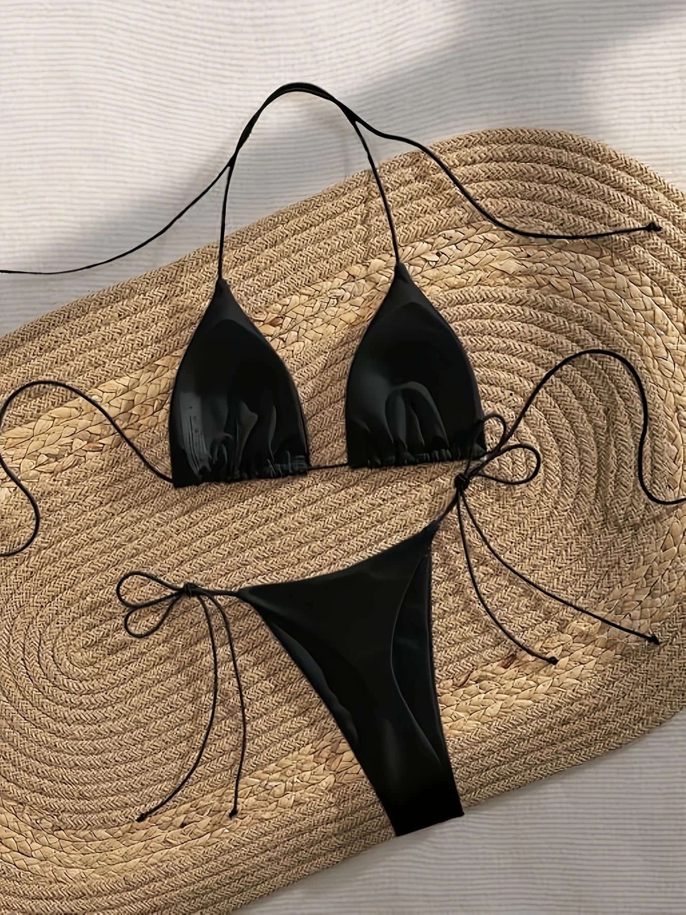 Triangle Halter Bikini Set With Tie Side Thong Bottoms