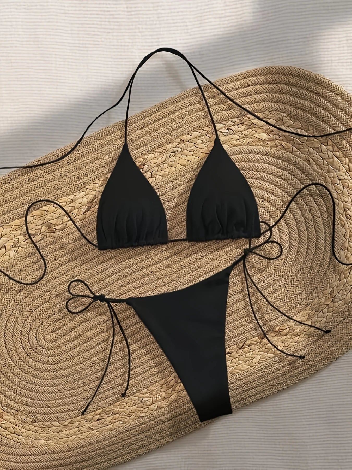 Triangle Halter Bikini Set With Tie Side Thong Bottoms