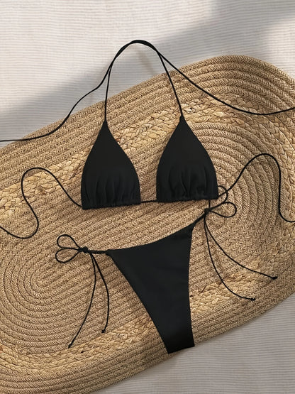 Triangle Halter Bikini Set With Tie Side Thong Bottoms