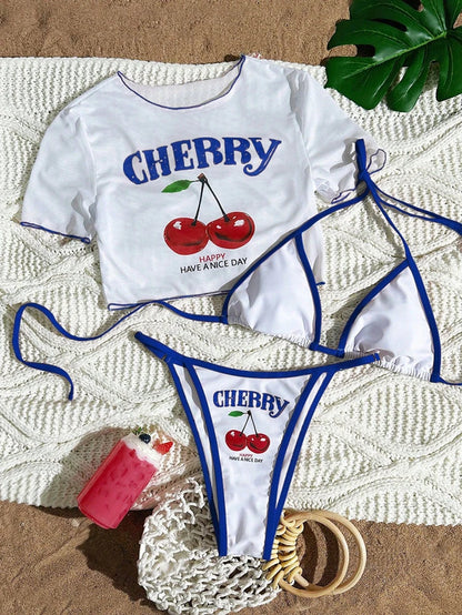 Cherry Print 3-Piece Halter Bikini Set With Cover-Up