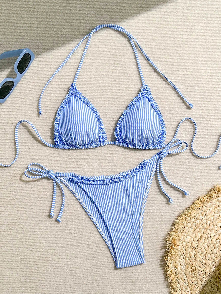 Bikini De Rayas Para Mujer Con Volantes De Cintura Baja
