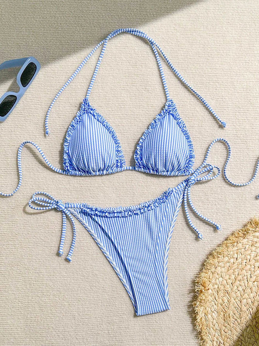 Bikini De Rayas Para Mujer Con Volantes De Cintura Baja